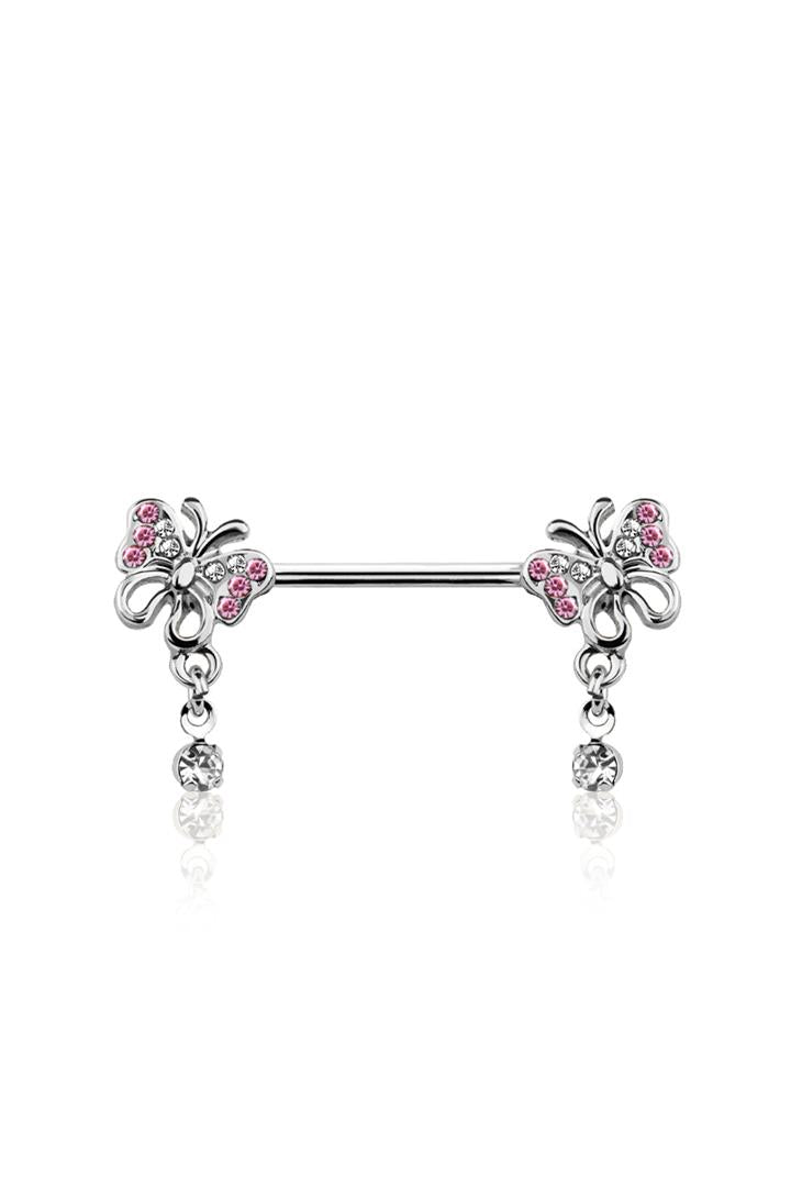 A PAIR OF 14G BUTTERFLY DANGLE SURGICAL STEEL (14MM) NIPPLE RINGS